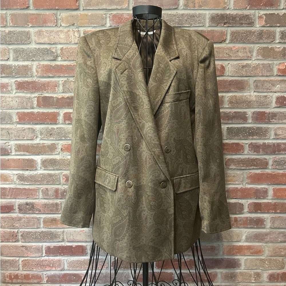 MaxMara 100% Wool Double Breasted Blazer, Olive Green Paisley Print Size 10